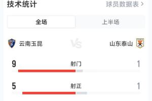 玉昆半场3-0泰山数据：射门9-1射正5-1，控球率43%-57%